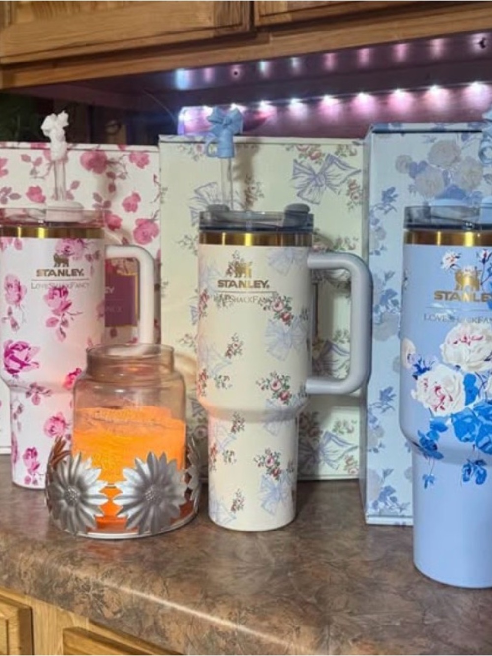 LoveShackFancy Floral Stanley Travel Mugs — Pink, Cream, Blue